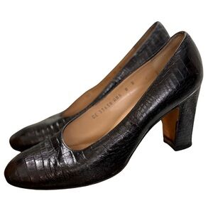 Salvatore Ferragamo Black Croc-Embossed Heels Size 8 Made in Italy